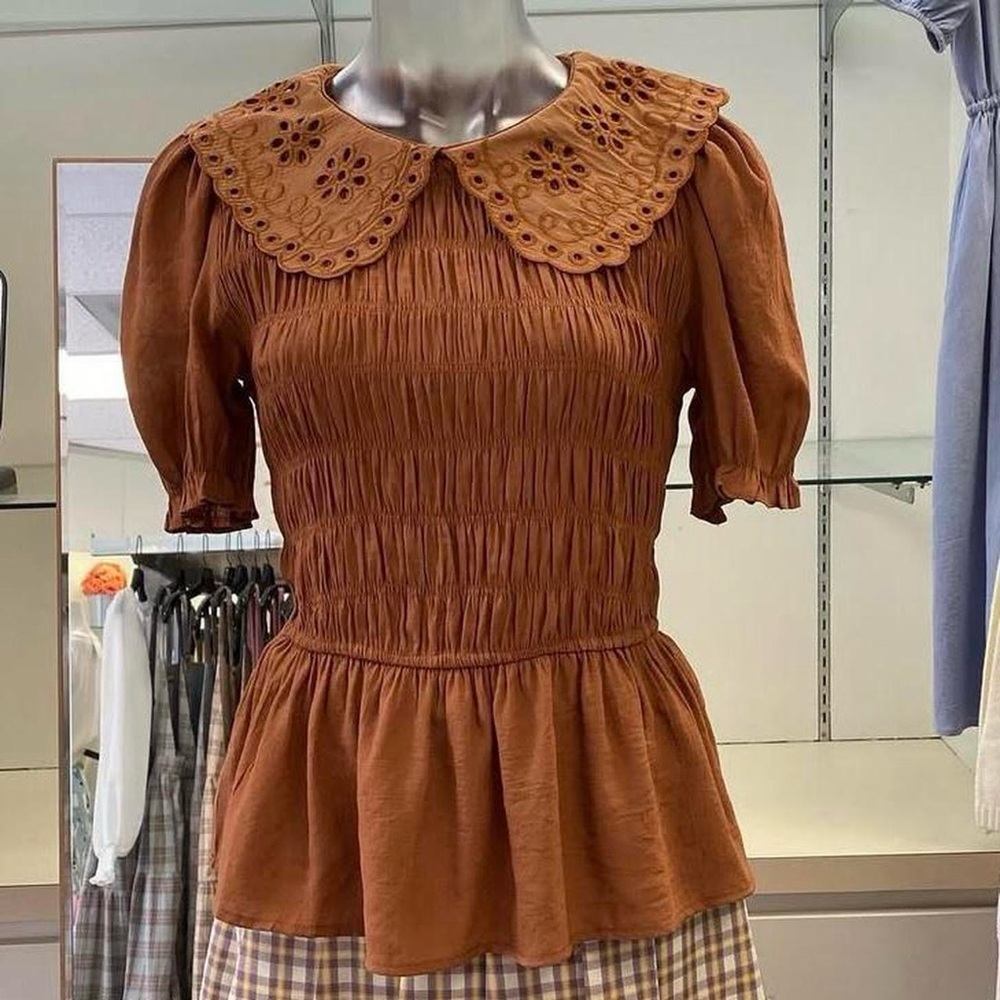 mine Rust Brown Eyelet Peter Pan Collar Peplum Top